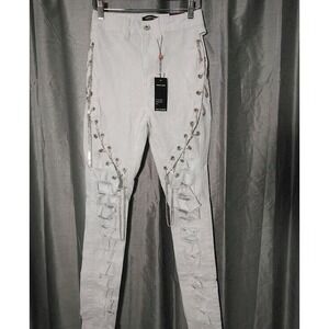 Red‎ Fox Jeans Juniors White Stretch Lace Up Jeans with Rhinestone Chains Size 7